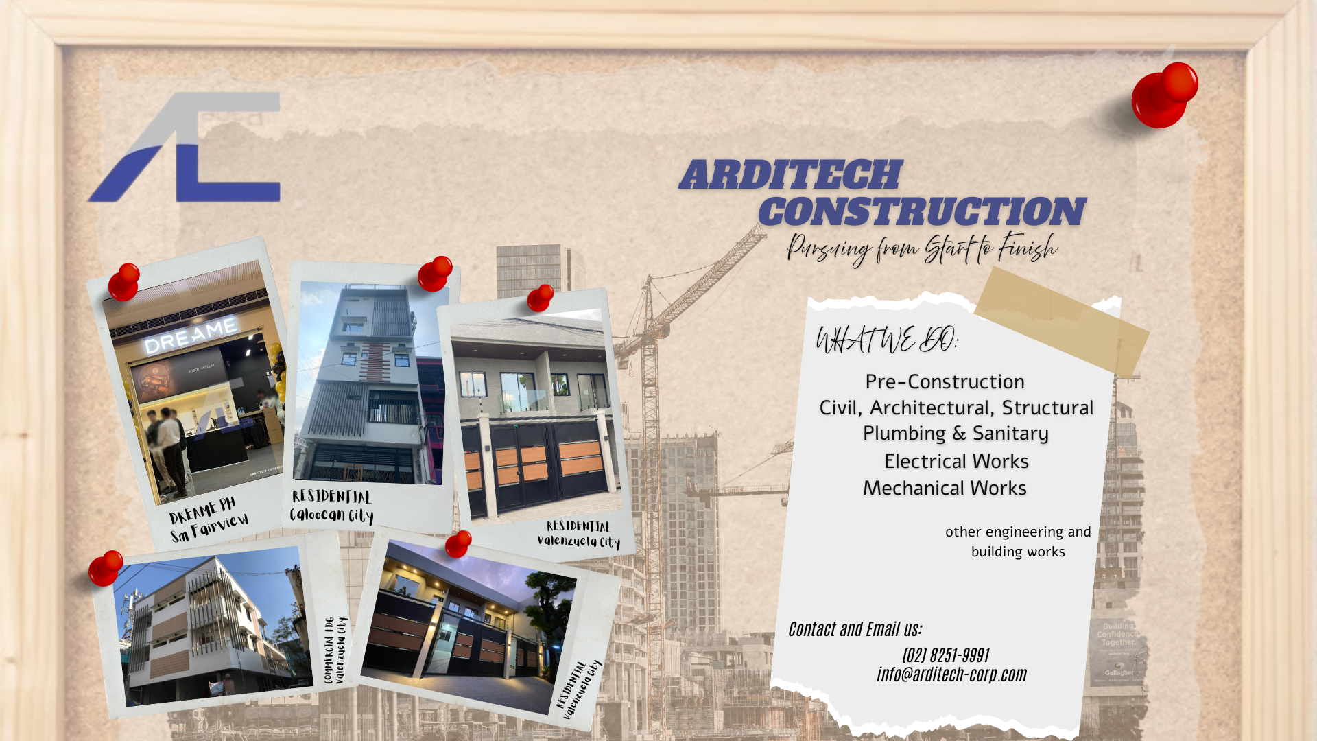 Arditech Construction services board showing residential and commercial projects across Metro Manila