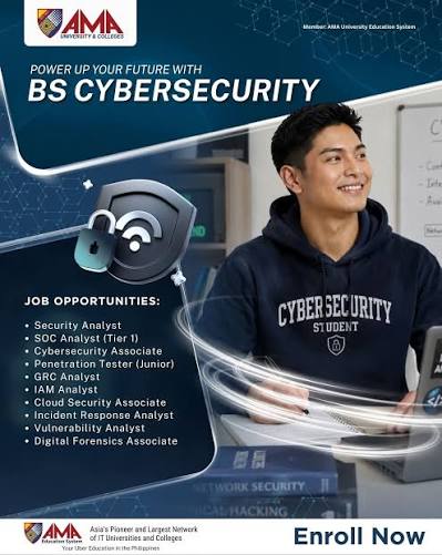 AMA University BS Cybersecurity poster listing job opportunities: Security Analyst, SOC Analyst, Penetration Tester, GRC Analyst, IAM Analyst, Cloud Security, Incident Response, Vulnerability Analyst, Digital Forensics
