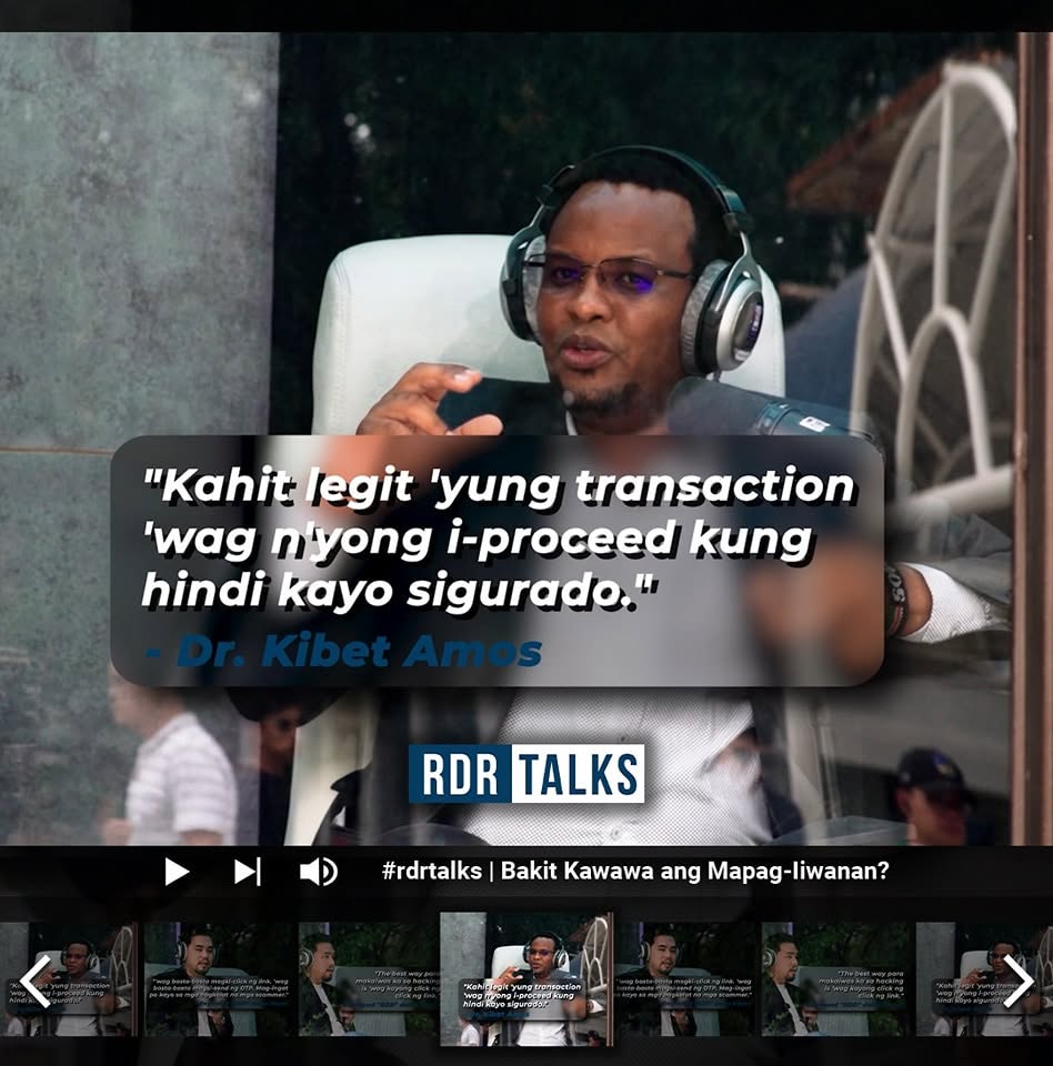 RDR Talks quote card — Dr. Kibet Amos: 'Kahit legit yung transaction, wag nyong i-proceed kung hindi kayo sigurado.'