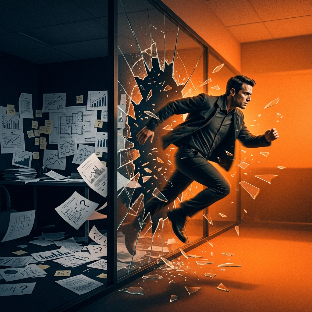 Orange lightning bolt breaking through analysis walls — Business Blueprint hero banner