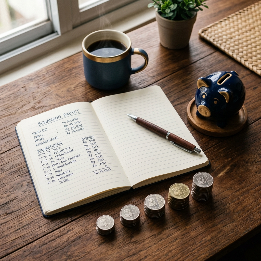 Budget notebook, alkansya piggy bank, stacked peso coins, and coffee on a wooden desk — financial discipline concept