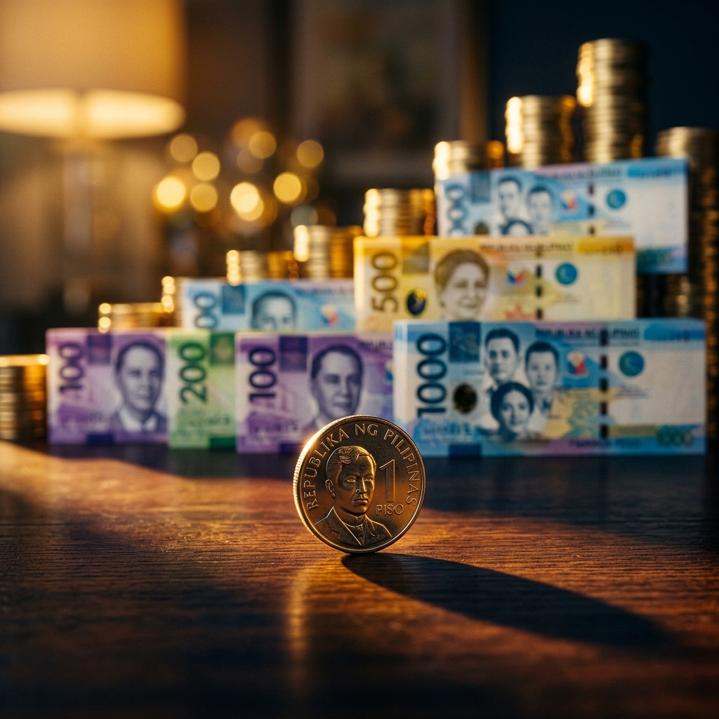 Philippine peso coin standing upright with stacks of peso bills growing behind it — from piso to millions