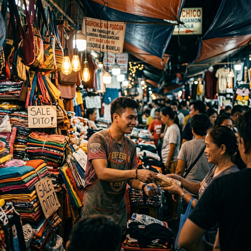 Young Filipino entrepreneur selling at a vibrant market in Divisoria, Manila — the hustle of Filipino diskarte