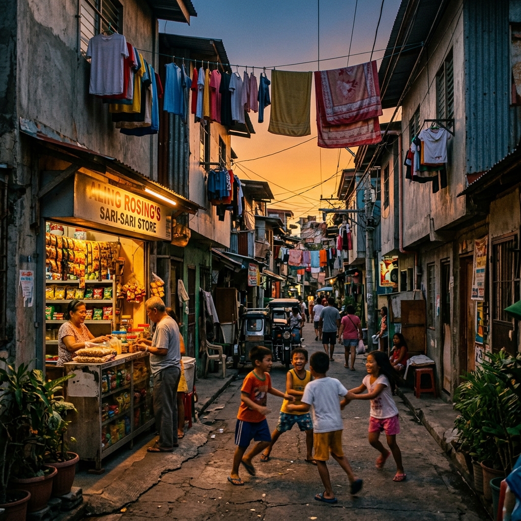 A narrow street in Tondo, Manila at golden hour showing humble beginnings, sari-sari store, and children playing