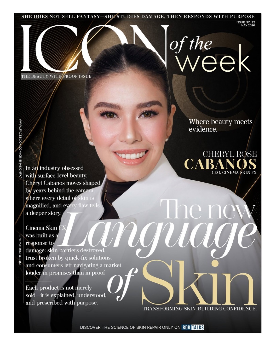 Cinema Skin FX founder Cheryl Rose Cabanos on the RDR Talks ICON of the Week cover — Where beauty meets evidence