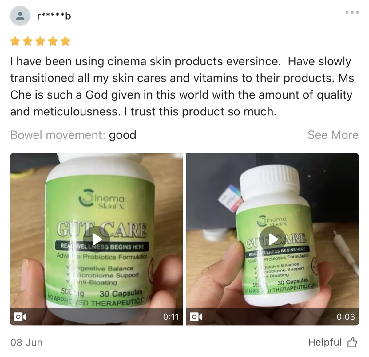 Five-star Shopee review: customer transitioned all skincare and vitamins to Cinema Skin products, trusts Gut Care