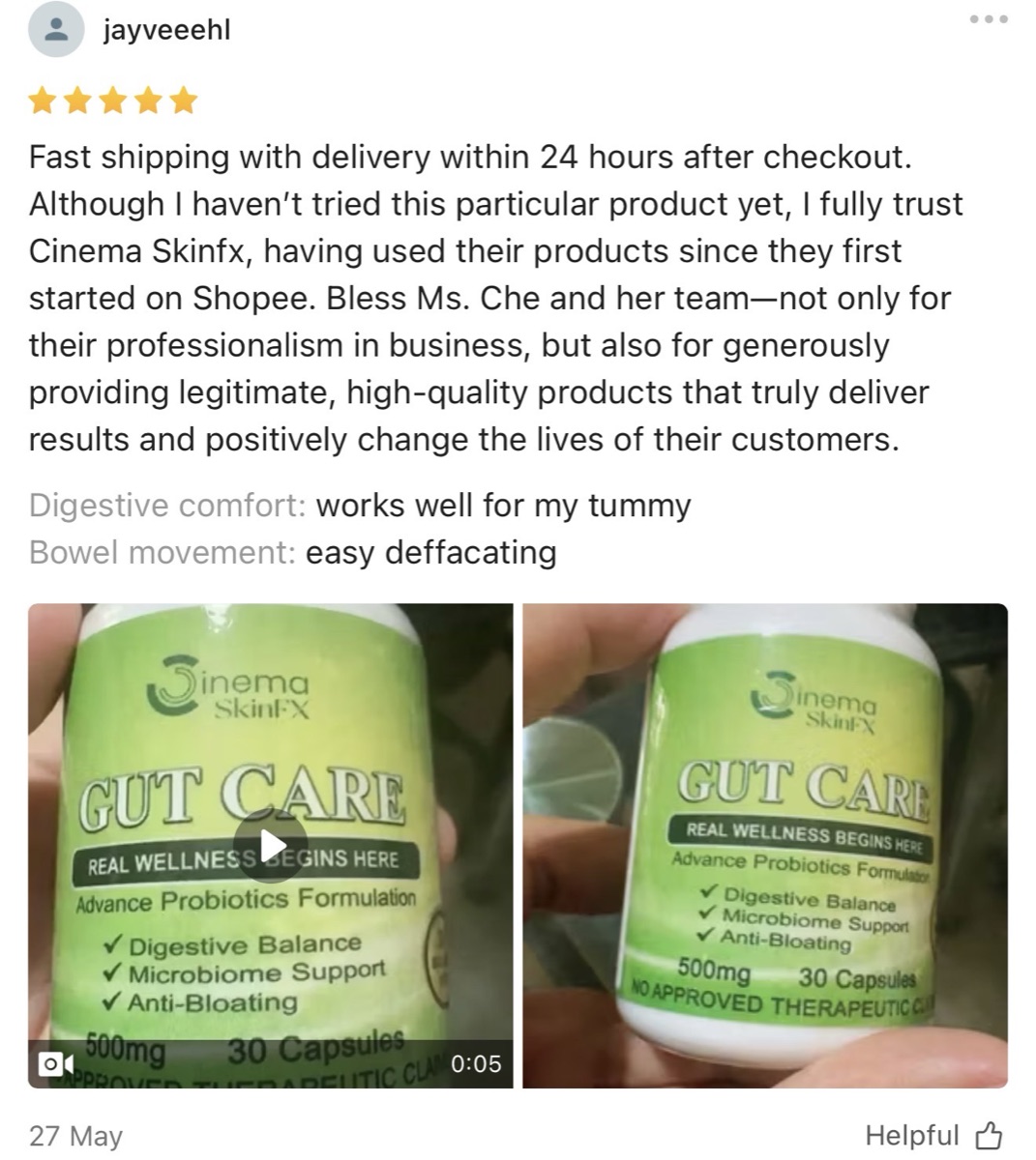 Five-star Shopee review: Cinema Skin FX Gut Care, fast 24-hour delivery, full trust in the brand