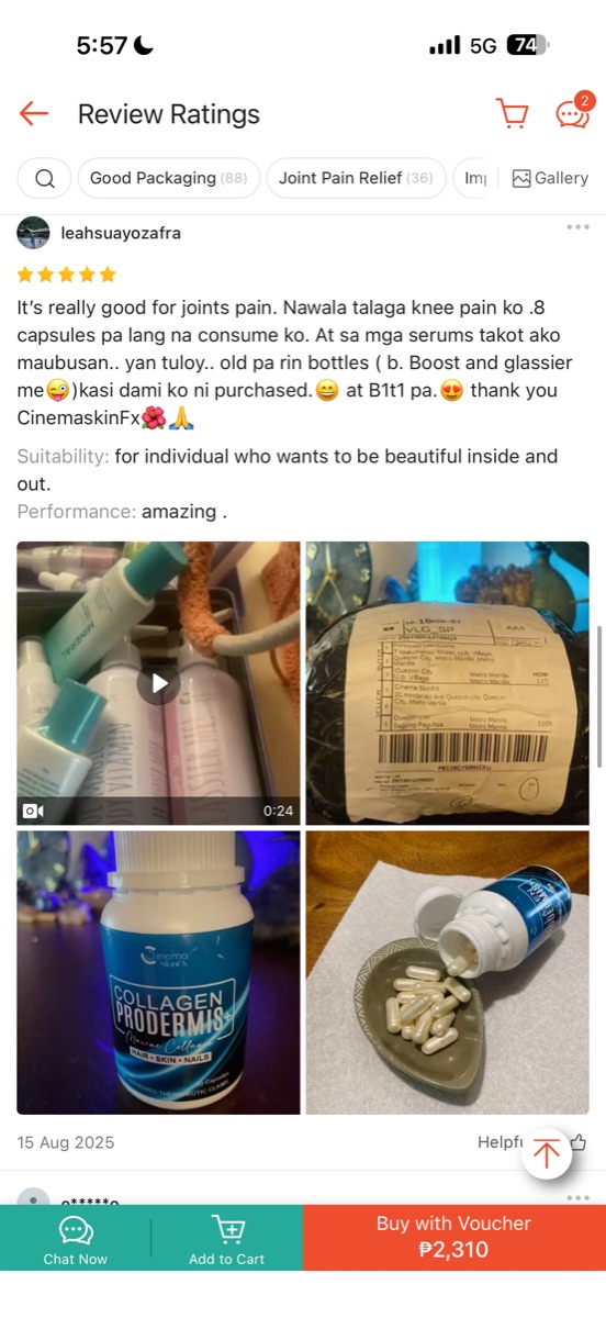 Five-star Shopee review: knee pain gone after only 8 capsules of Cinema Skin FX collagen