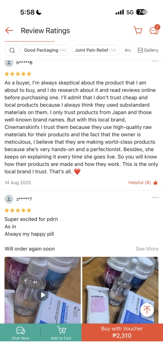 Five-star Shopee review from a skeptical buyer: Cinema Skin FX is the only local brand they trust because of high-quality raw materials and a meticulous, hands-on owner