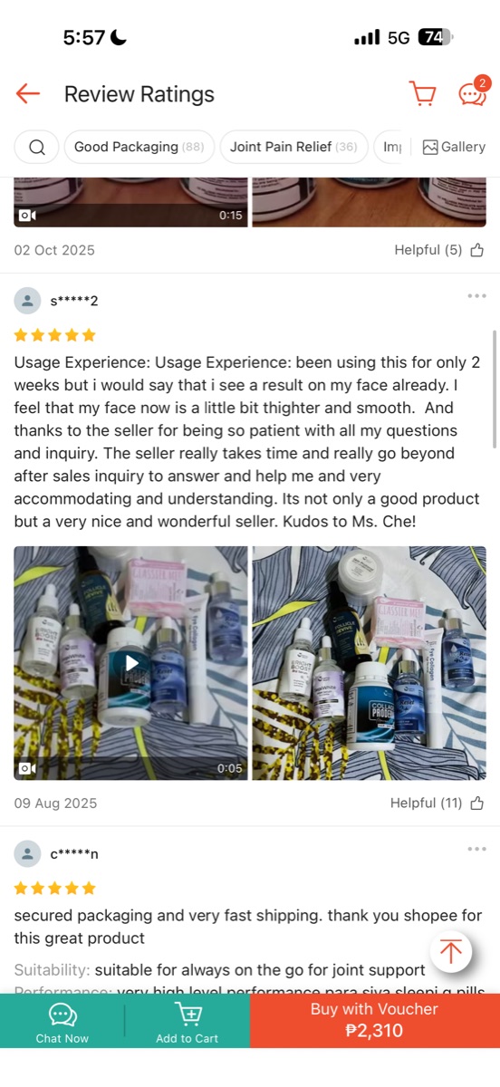 Five-star Shopee review: face feels tighter and smooth after two weeks, praising Ms. Che's service