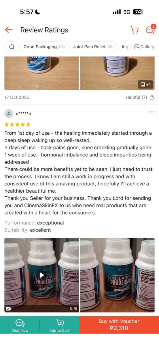 Five-star Shopee review: deep sleep from day one, back pains gone in 3 days, knee crackling gradually gone after a week of Cinema Skin FX collagen