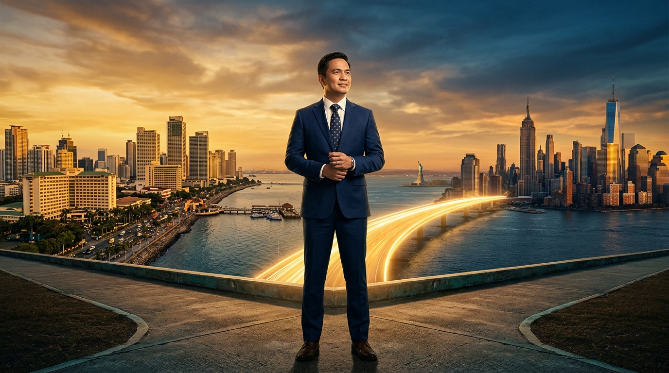 Filipino entrepreneur at the crossroads between Manila and New York City — symbolizing business expansion from the Philippines to the United States