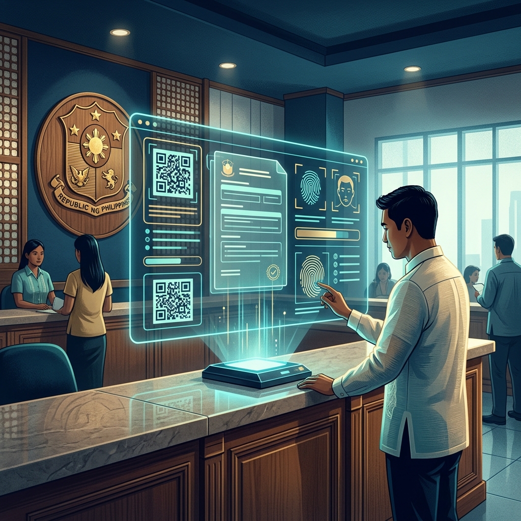 Modern digital government services concept in the Philippines showing holographic interfaces at a government office