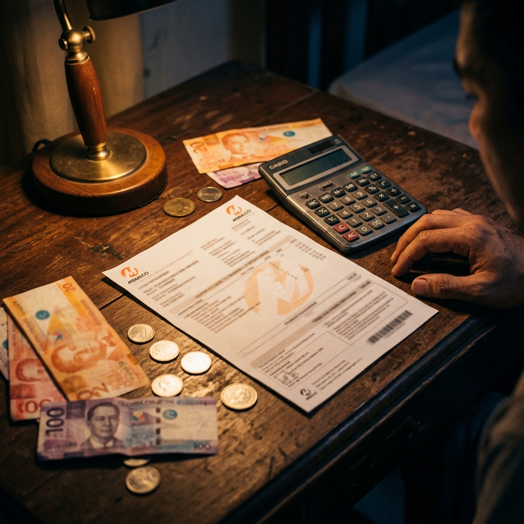 Filipino family reviewing their electricity bill with peso bills and calculator on the table