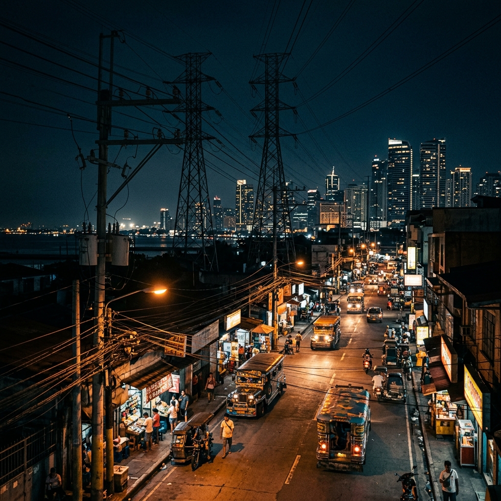 Manila skyline at night with electric power towers and busy streets — representing the cost of electricity in the Philippines