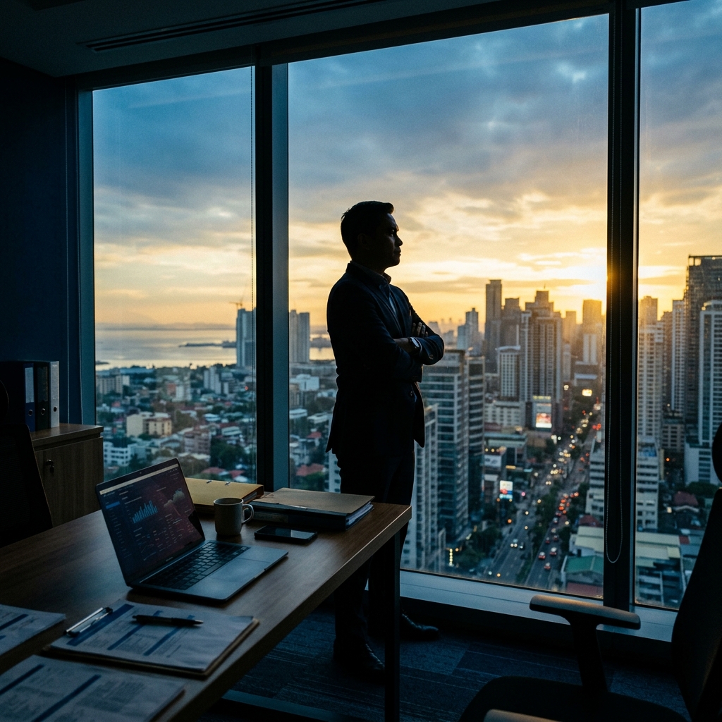 Filipino entrepreneur looking out at Manila skyline at dawn — symbolizing hope for Philippine progress and reform