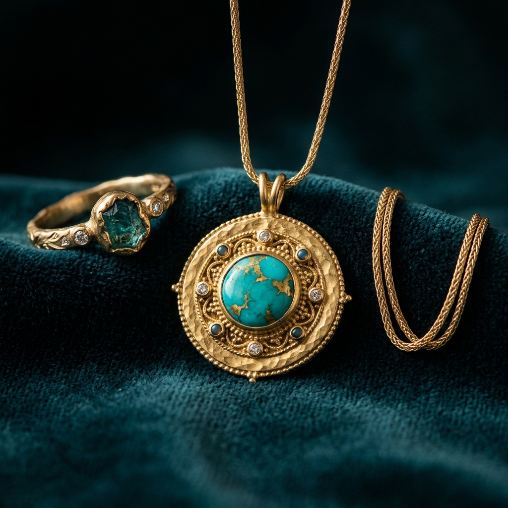 Exquisite handcrafted jewelry pieces — gold pendant and gemstone ring with dramatic lighting