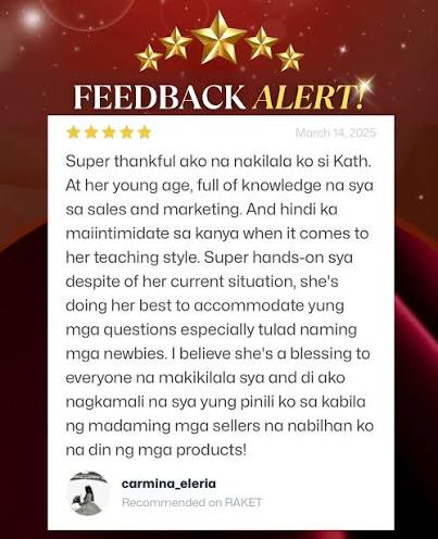Five-star feedback for Katherine Mejia: full of knowledge in sales and marketing, hands-on teaching style, a blessing to newbies
