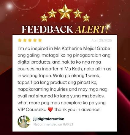 Five-star feedback for Katherine Mejia: inspired by her courses, posted one product in under a week and already getting inquiries