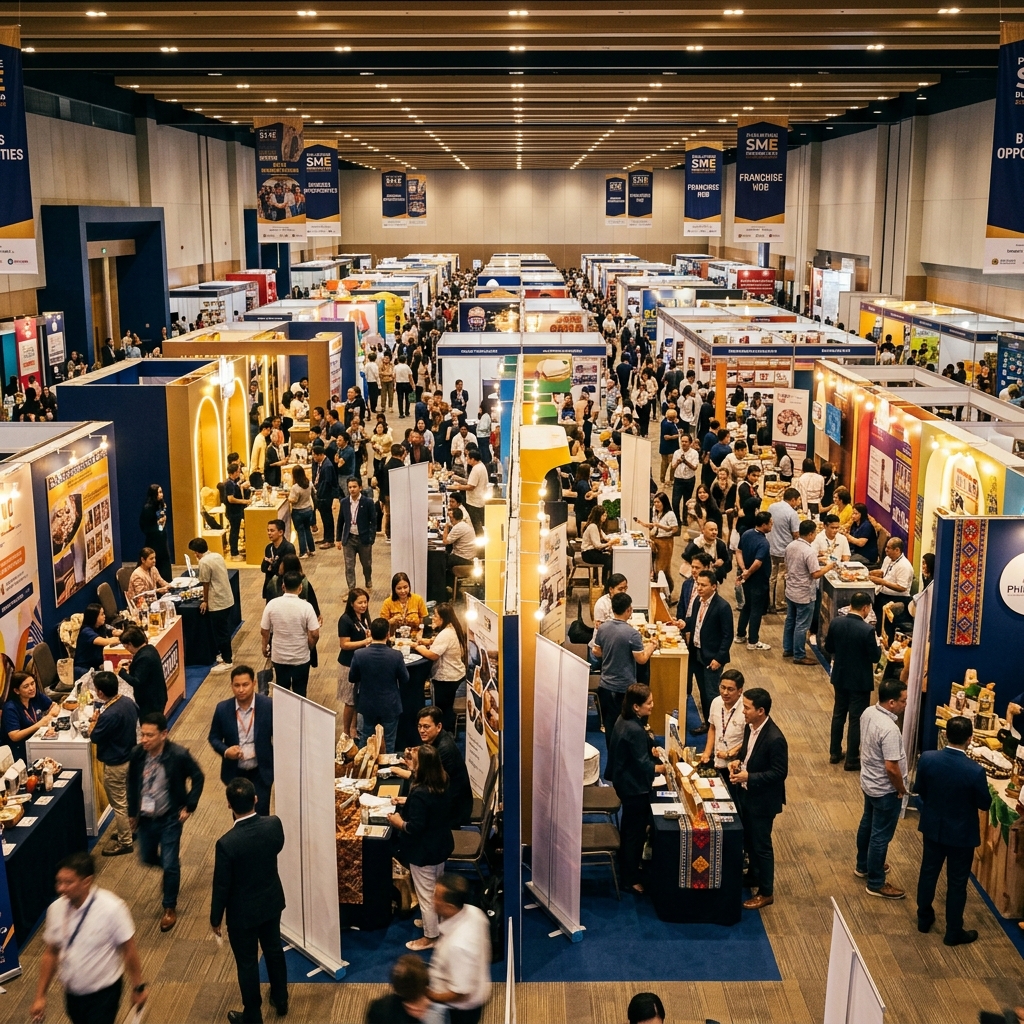 PhilSME business expo floor with Filipino entrepreneurs networking at franchise and SME booths
