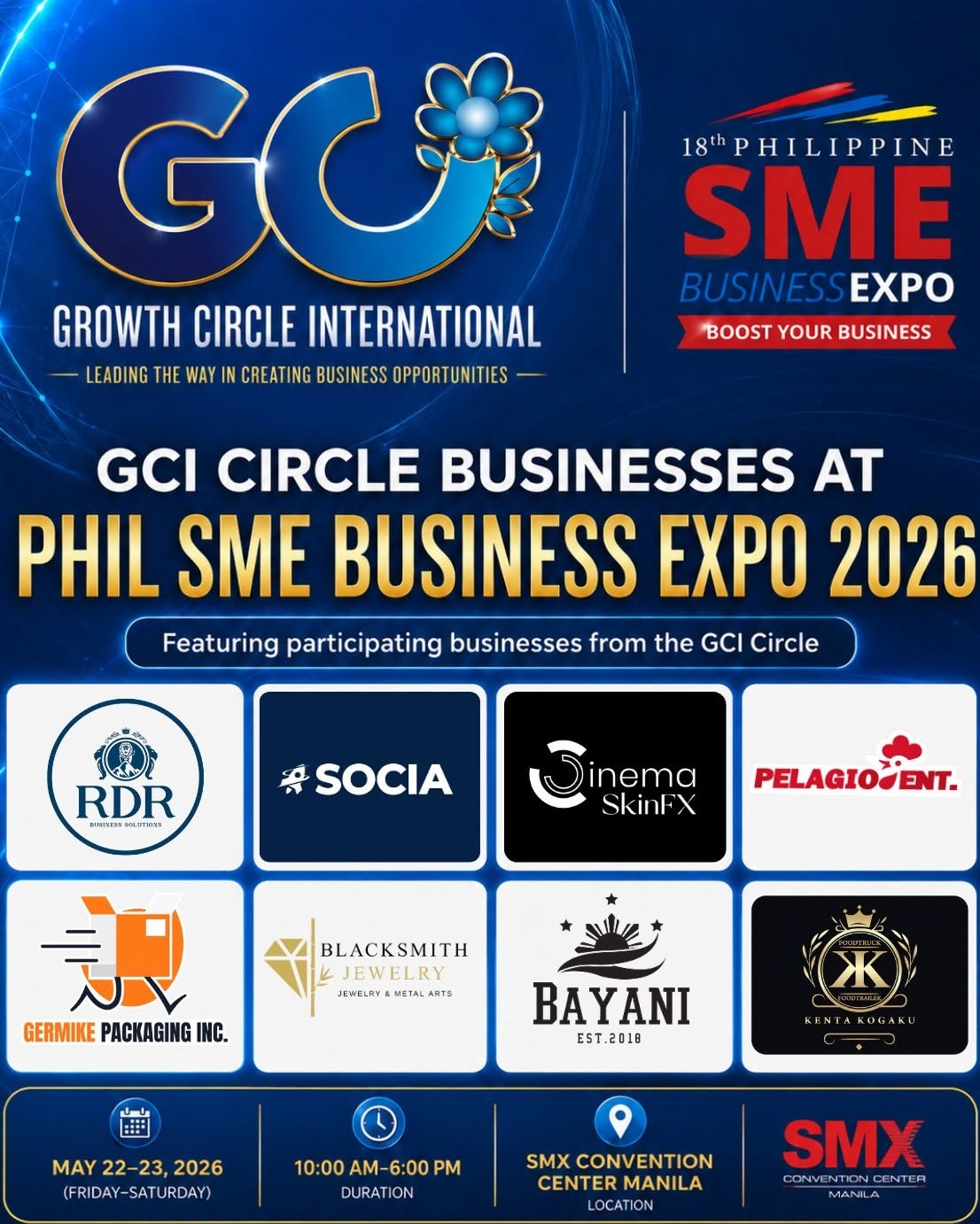GCI Circle Businesses at PhilSME 2026 — RDR, Socia, Cinema Skin FX, Pelagio Ent, Germike Packaging, Blacksmith Jewelry, Bayani, Kenta Kogaku
