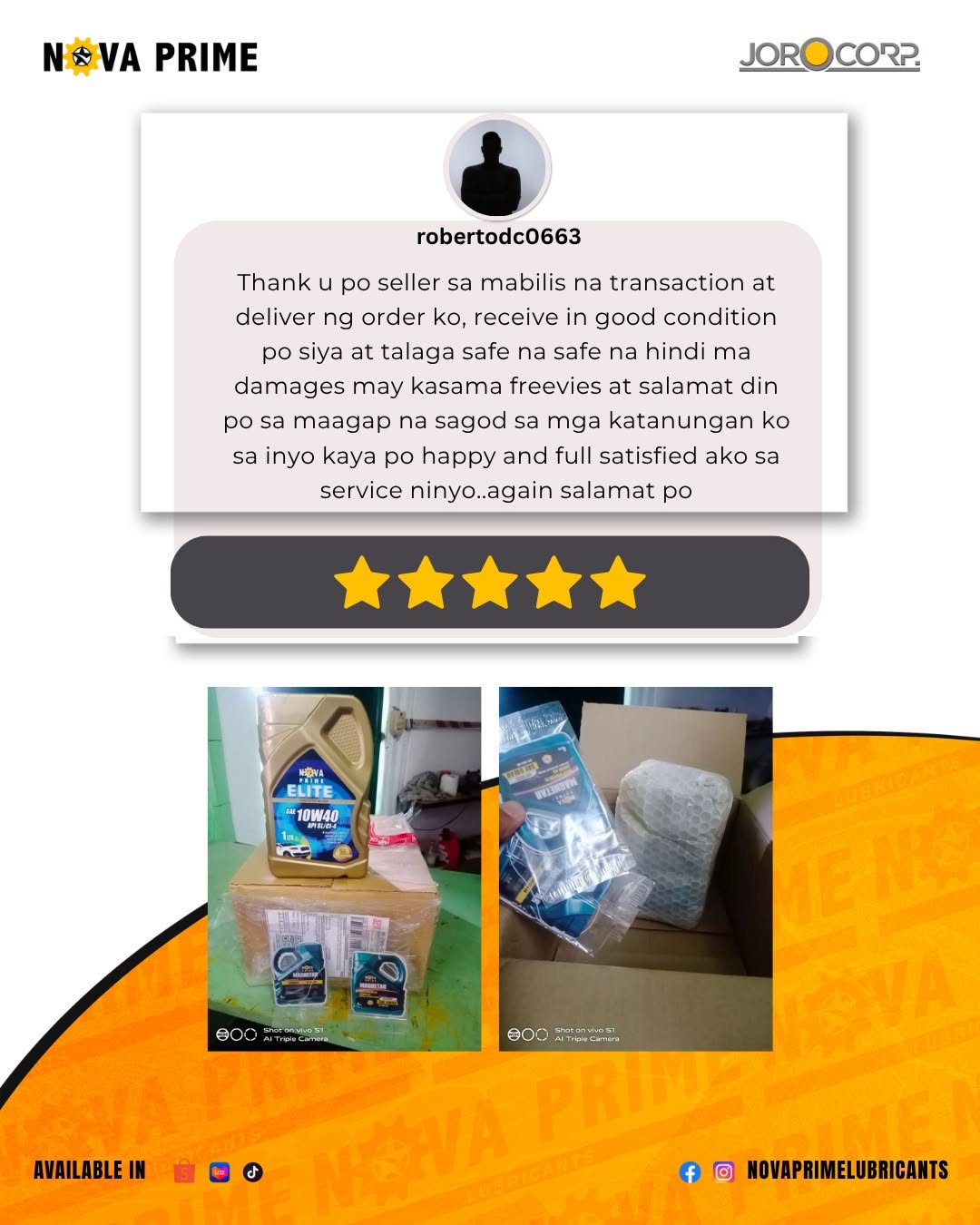 A five-star Nova Prime customer review praising fast, safe delivery and great service