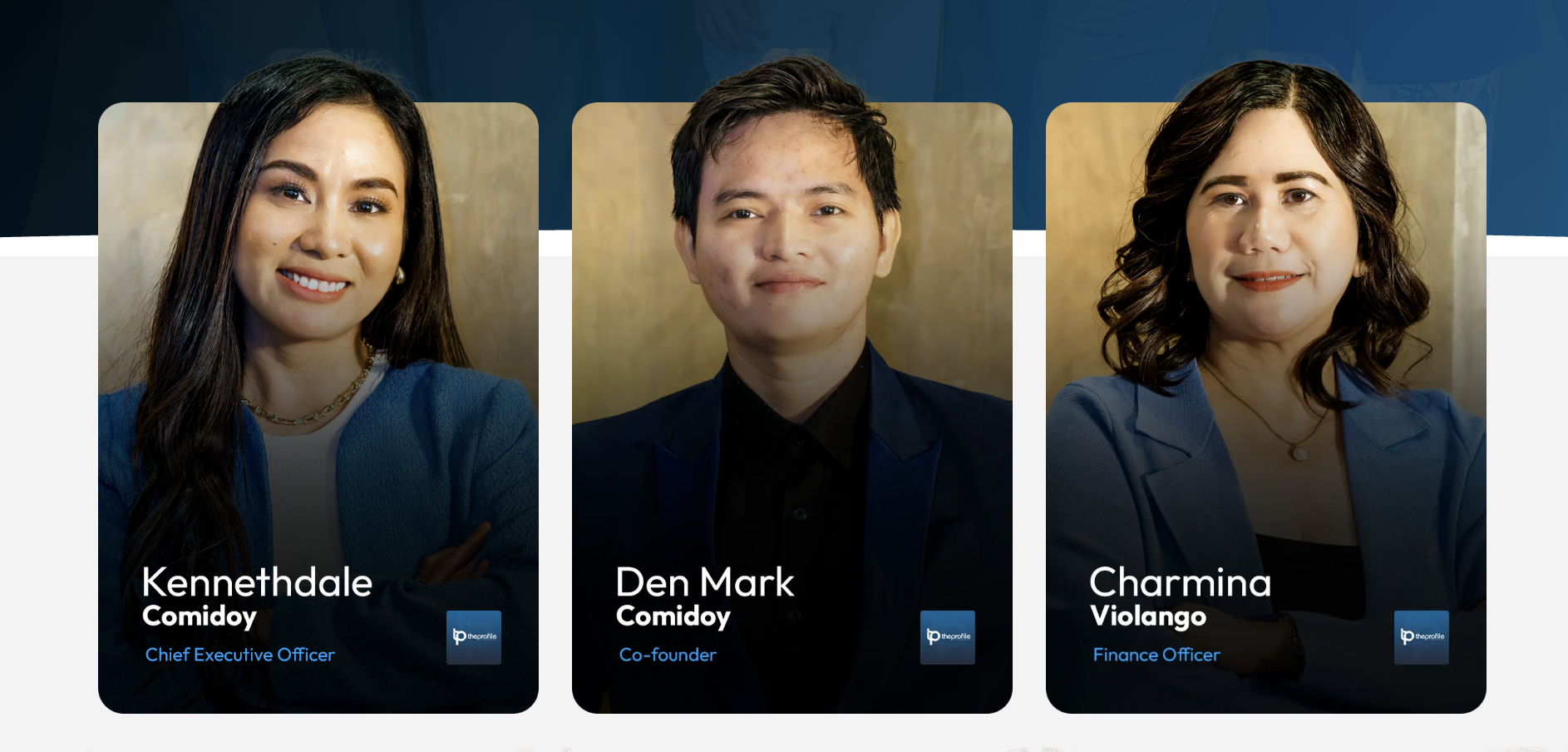 The Profile founders — Kennethdale Comidoy (CEO), Den Mark Comidoy (Co-founder), and Charmina Violango (Finance Officer)