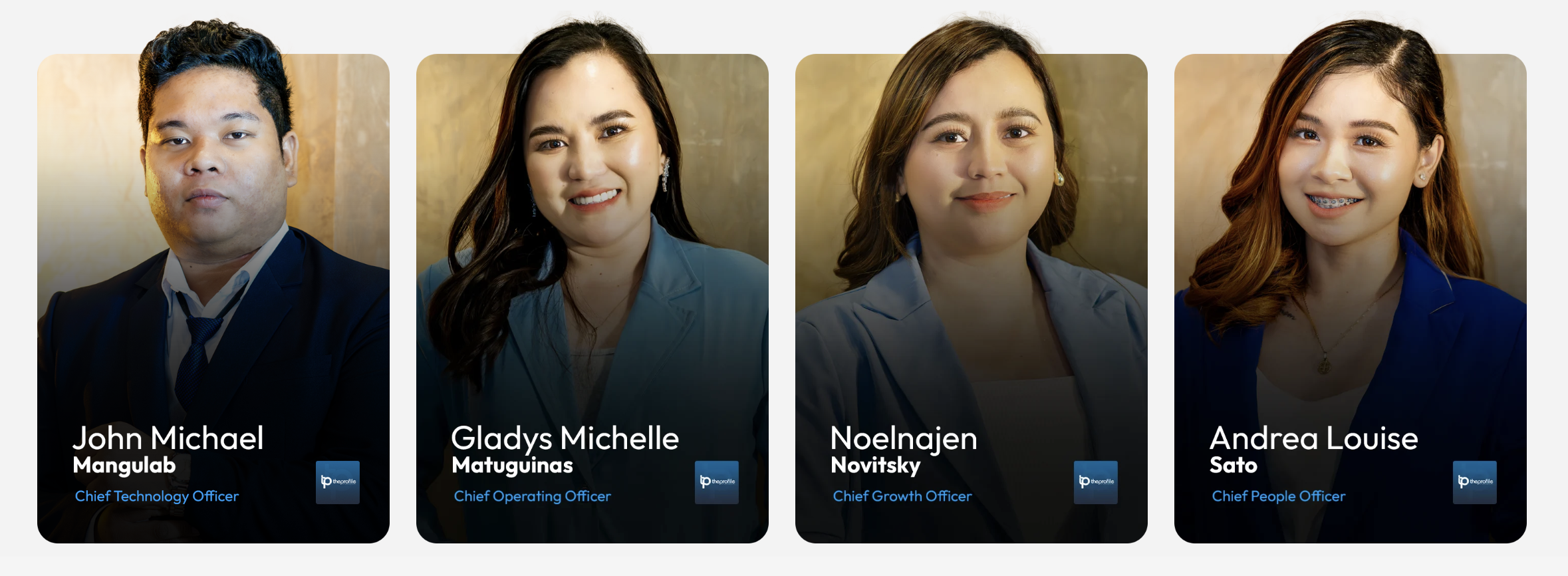 The Profile officers — John Michael Mangulab (CTO), Gladys Michelle Matuguinas (COO), Noelnajen Novitsky (CGO), and Andrea Louise Sato (CPO)