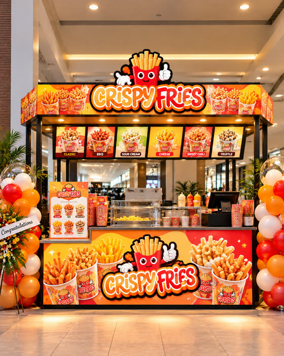A Crispy Fries kiosk on opening day, flavour boards above the counter