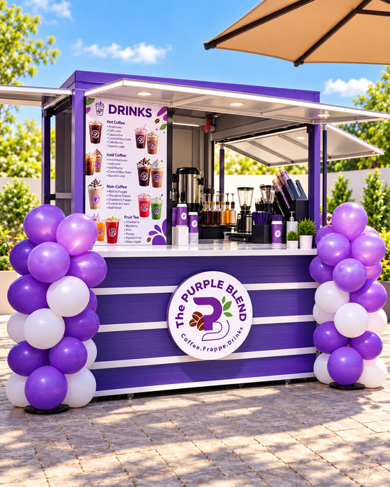 A The Purple Blend stall open for business, drinks menu on the panel